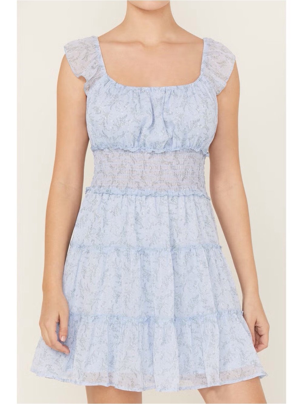 Girls' Sky Blue Floral Tiered Ruffle Dress
